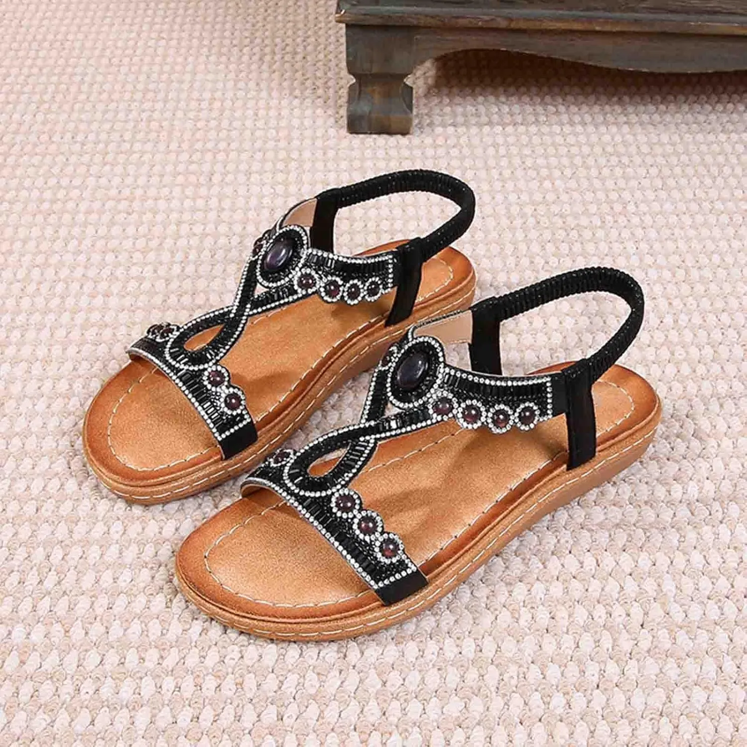 Women Rhinestone Sandals T-Strap Bohemian Pearl Crystal Flat Sandals Elastic Ankle Strap Summer Comfort Walking Shoes