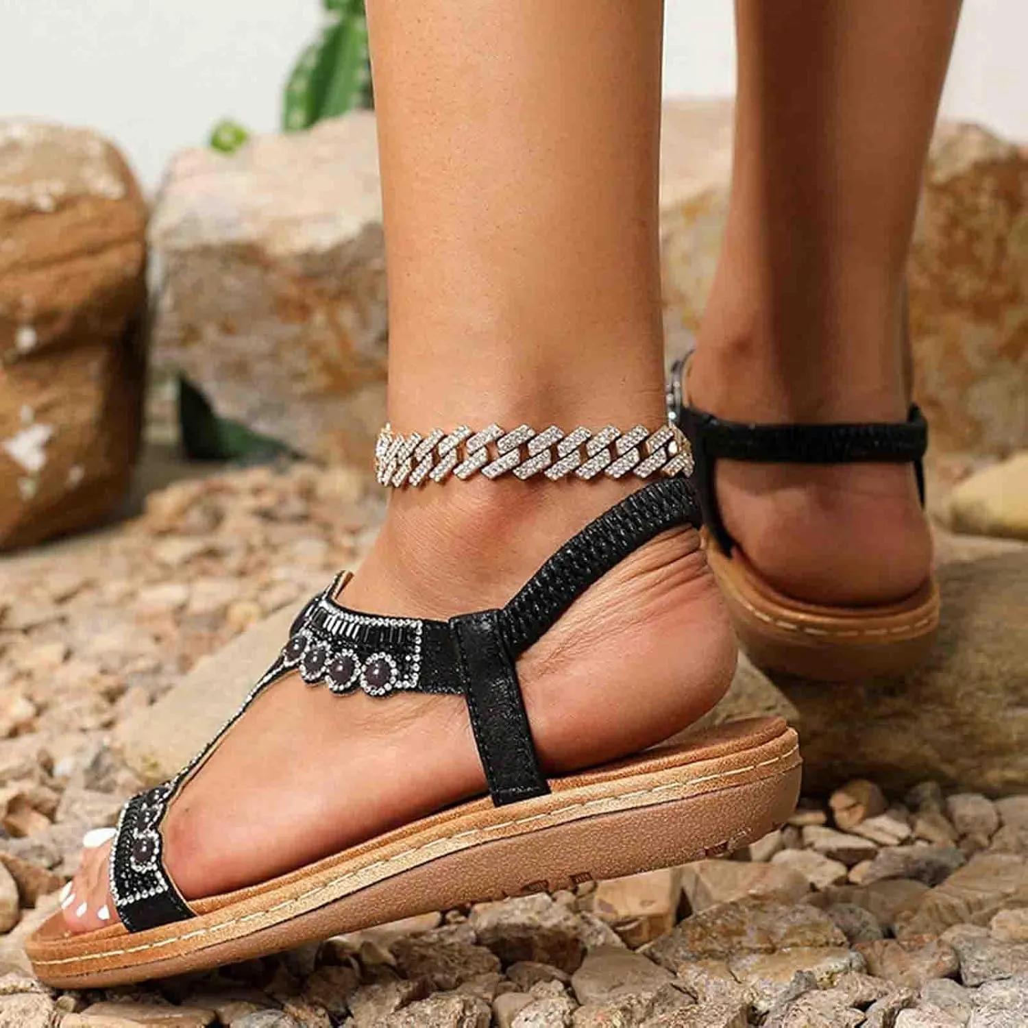 Women Rhinestone Sandals T-Strap Bohemian Pearl Crystal Flat Sandals Elastic Ankle Strap Summer Comfort Walking Shoes