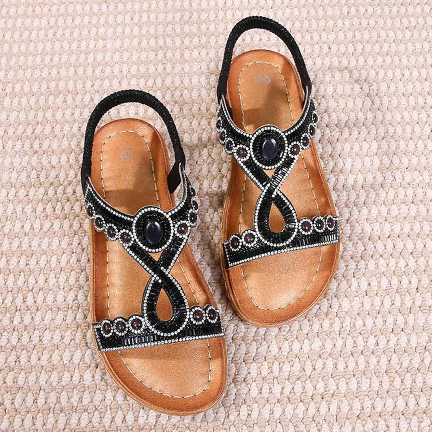 Women Rhinestone Sandals T-Strap Bohemian Pearl Crystal Flat Sandals Elastic Ankle Strap Summer Comfort Walking Shoes