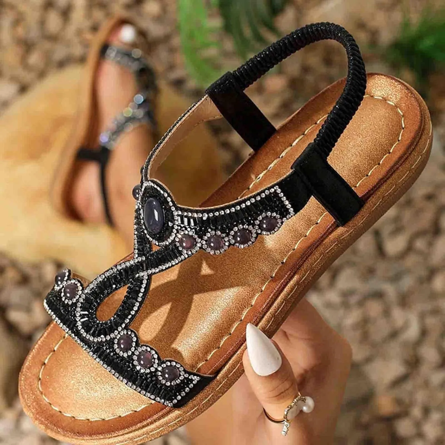 Women Rhinestone Sandals T-Strap Bohemian Pearl Crystal Flat Sandals Elastic Ankle Strap Summer Comfort Walking Shoes