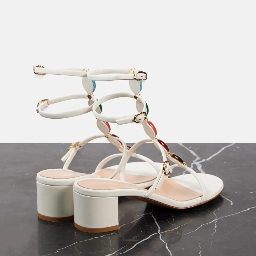 Women's Ankle Strap Sandals Gemstone Open Toe Block Heel Dress Shoes Buckle Strap Boho Leather Sandals