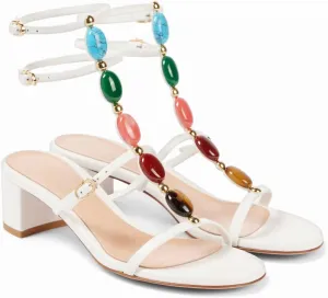 Women's Ankle Strap Sandals Gemstone Open Toe Block Heel Dress Shoes Buckle Strap Boho Leather Sandals