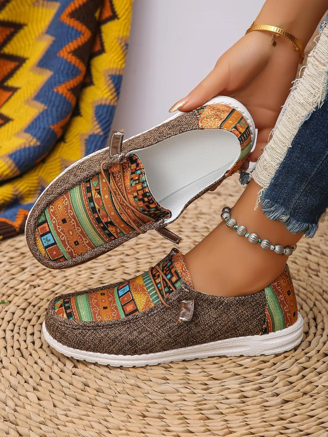 Women's Aztec Print Slip-On Loafers - Elastic Lace Comfort Shoes, Lightweight Foam Sole, Orthotic Support for Daily Wear, Trendy Casual Sneakers (US 6-11)