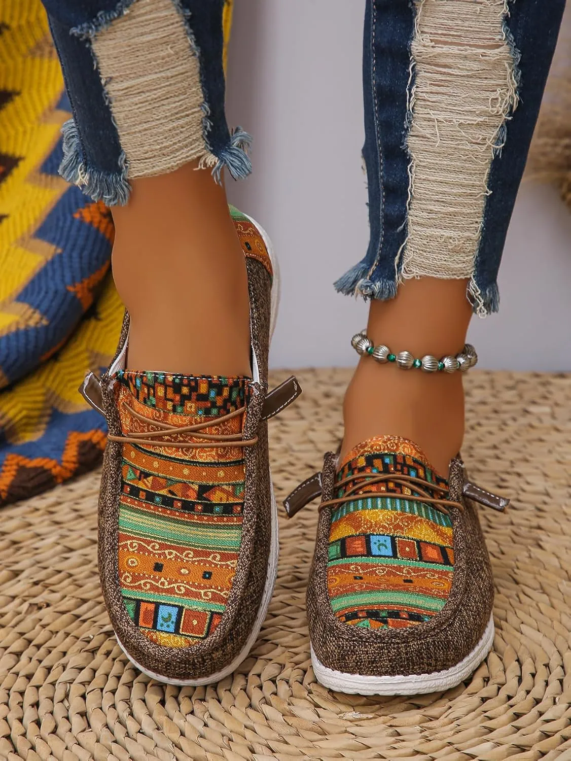 Women's Aztec Print Slip-On Loafers - Elastic Lace Comfort Shoes, Lightweight Foam Sole, Orthotic Support for Daily Wear, Trendy Casual Sneakers (US 6-11)