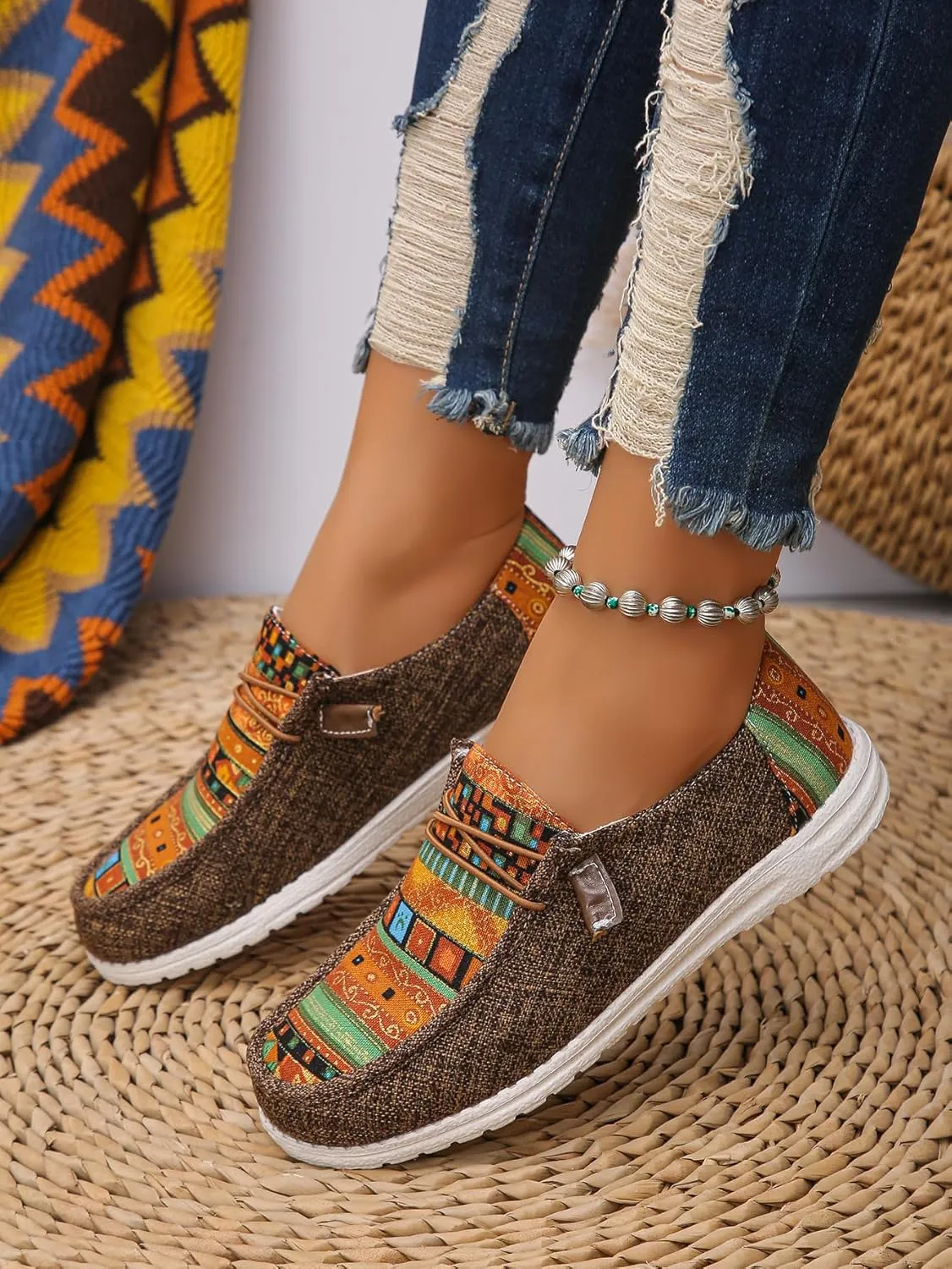 Women's Aztec Print Slip-On Loafers - Elastic Lace Comfort Shoes, Lightweight Foam Sole, Orthotic Support for Daily Wear, Trendy Casual Sneakers (US 6-11)