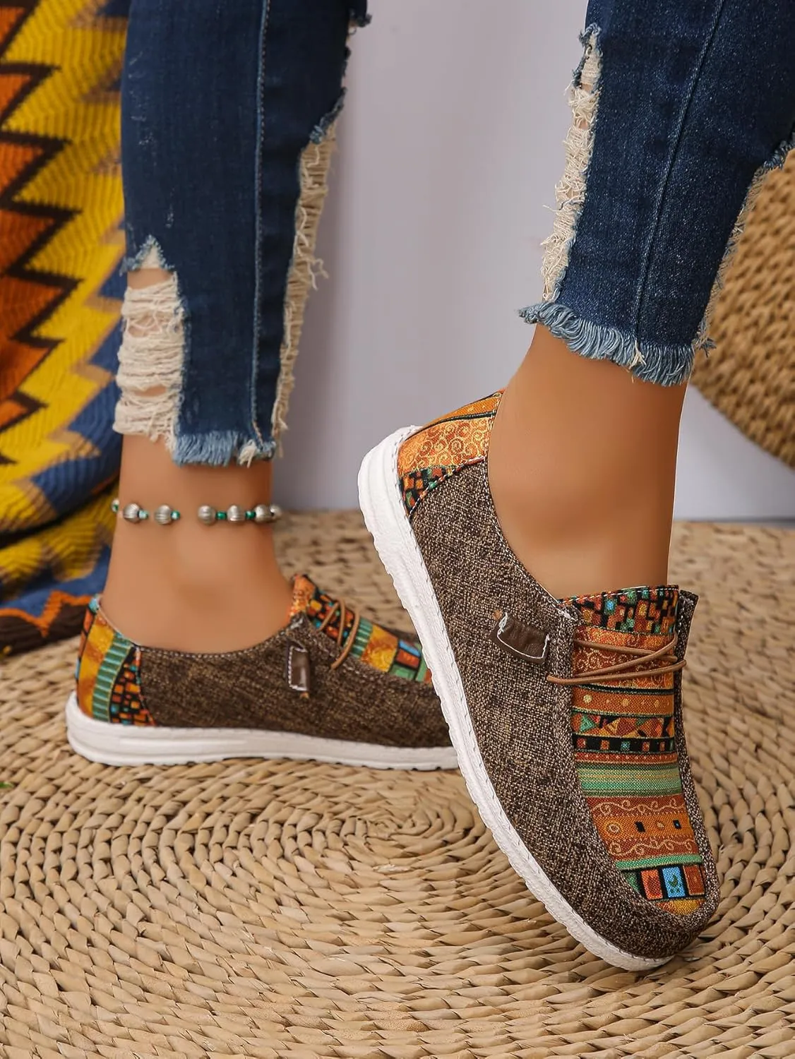 Women's Aztec Print Slip-On Loafers - Elastic Lace Comfort Shoes, Lightweight Foam Sole, Orthotic Support for Daily Wear, Trendy Casual Sneakers (US 6-11)