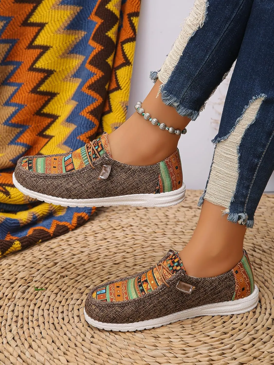 Women's Aztec Print Slip-On Loafers - Elastic Lace Comfort Shoes, Lightweight Foam Sole, Orthotic Support for Daily Wear, Trendy Casual Sneakers (US 6-11)
