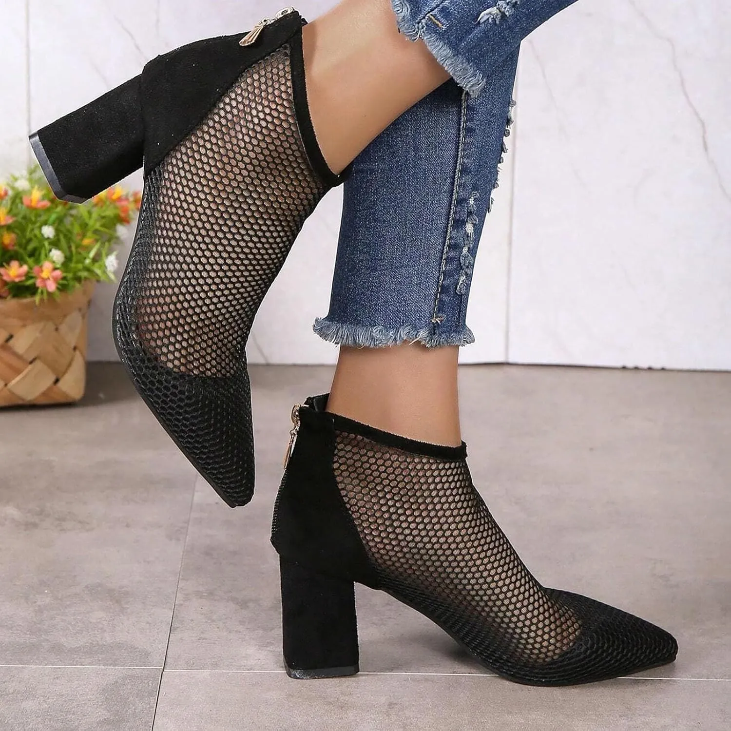 Women's Black Ankle Boot, Pointed Toe, Stiletto Heel, Rhinestone Embellished, Size 37, Mesh, All Seasons, Ankle-High Bootie