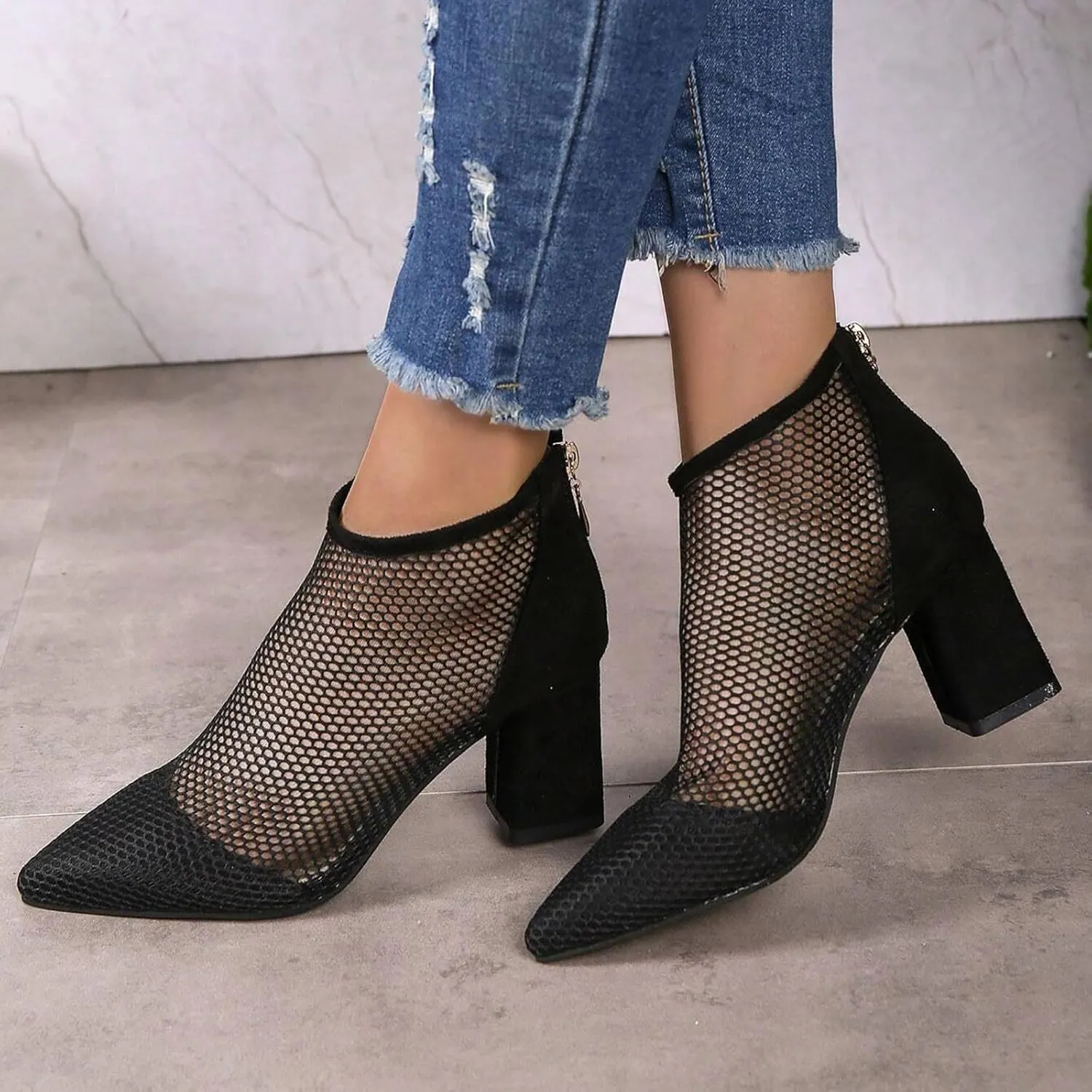 Women's Black Ankle Boot, Pointed Toe, Stiletto Heel, Rhinestone Embellished, Size 37, Mesh, All Seasons, Ankle-High Bootie