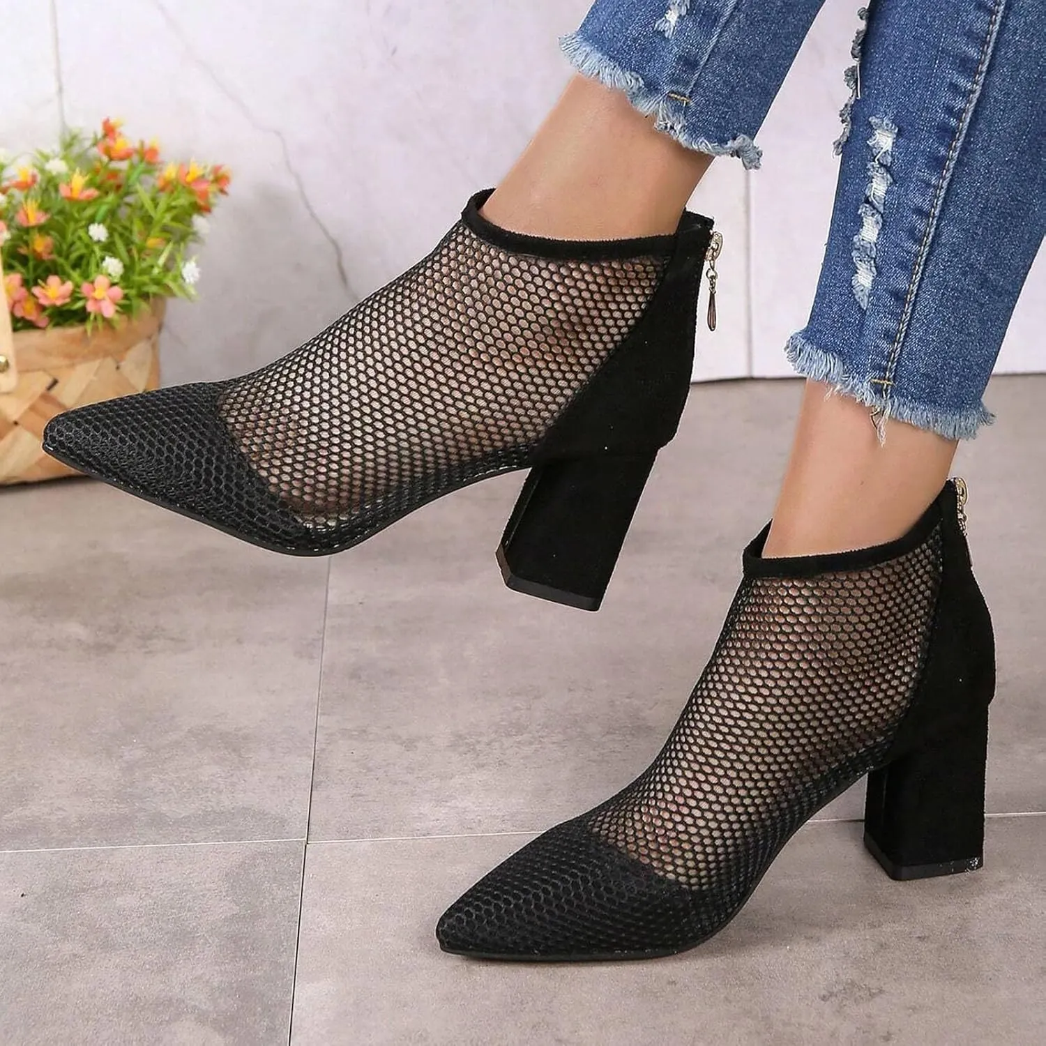 Women's Black Ankle Boot, Pointed Toe, Stiletto Heel, Rhinestone Embellished, Size 37, Mesh, All Seasons, Ankle-High Bootie