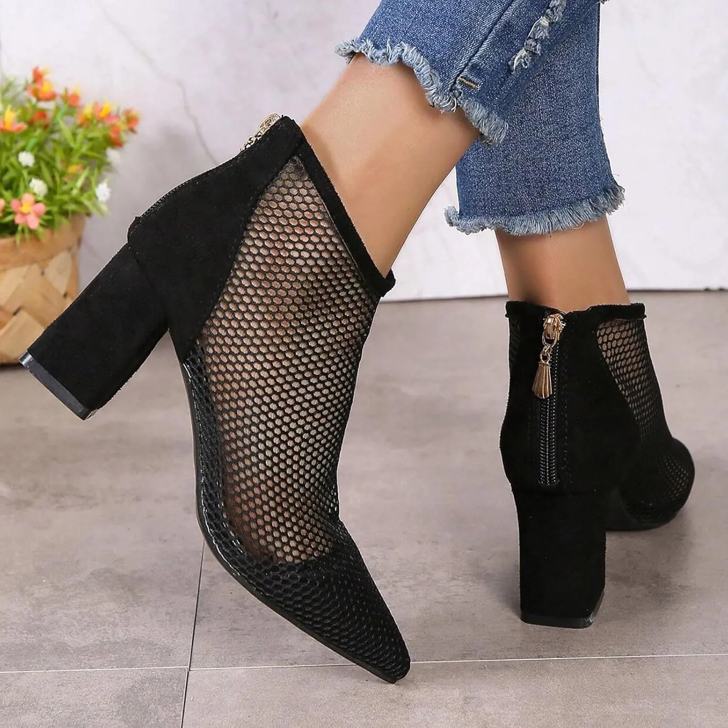 Women's Black Ankle Boot, Pointed Toe, Stiletto Heel, Rhinestone Embellished, Size 37, Mesh, All Seasons, Ankle-High Bootie
