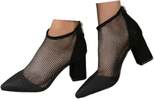 Women's Black Ankle Boot, Pointed Toe, Stiletto Heel, Rhinestone Embellished, Size 37, Mesh, All Seasons, Ankle-High Bootie