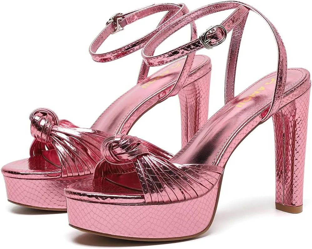 Women's Block Heels 4 Inch Platform Braid Knot Ankle Strap Lady Heeled Sandals FZ319