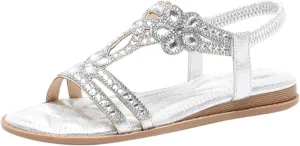 Womens Bohemia Sandals Arch Support Slingback Rhinestone Dressy Sandals Comfort Summer Ankle Strap Elastic Flats