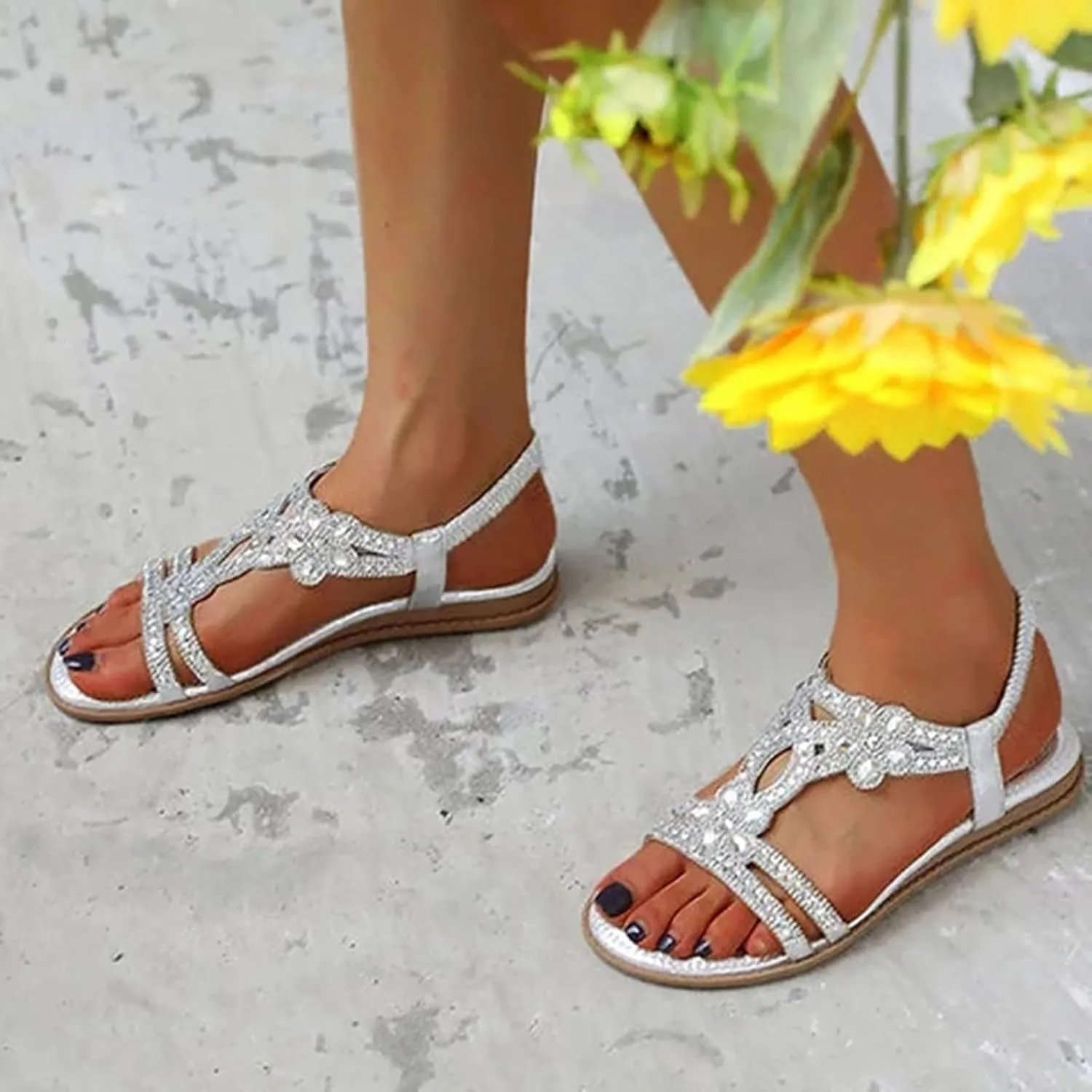 Womens Bohemia Sandals Arch Support Slingback Rhinestone Dressy Sandals Comfort Summer Ankle Strap Elastic Flats