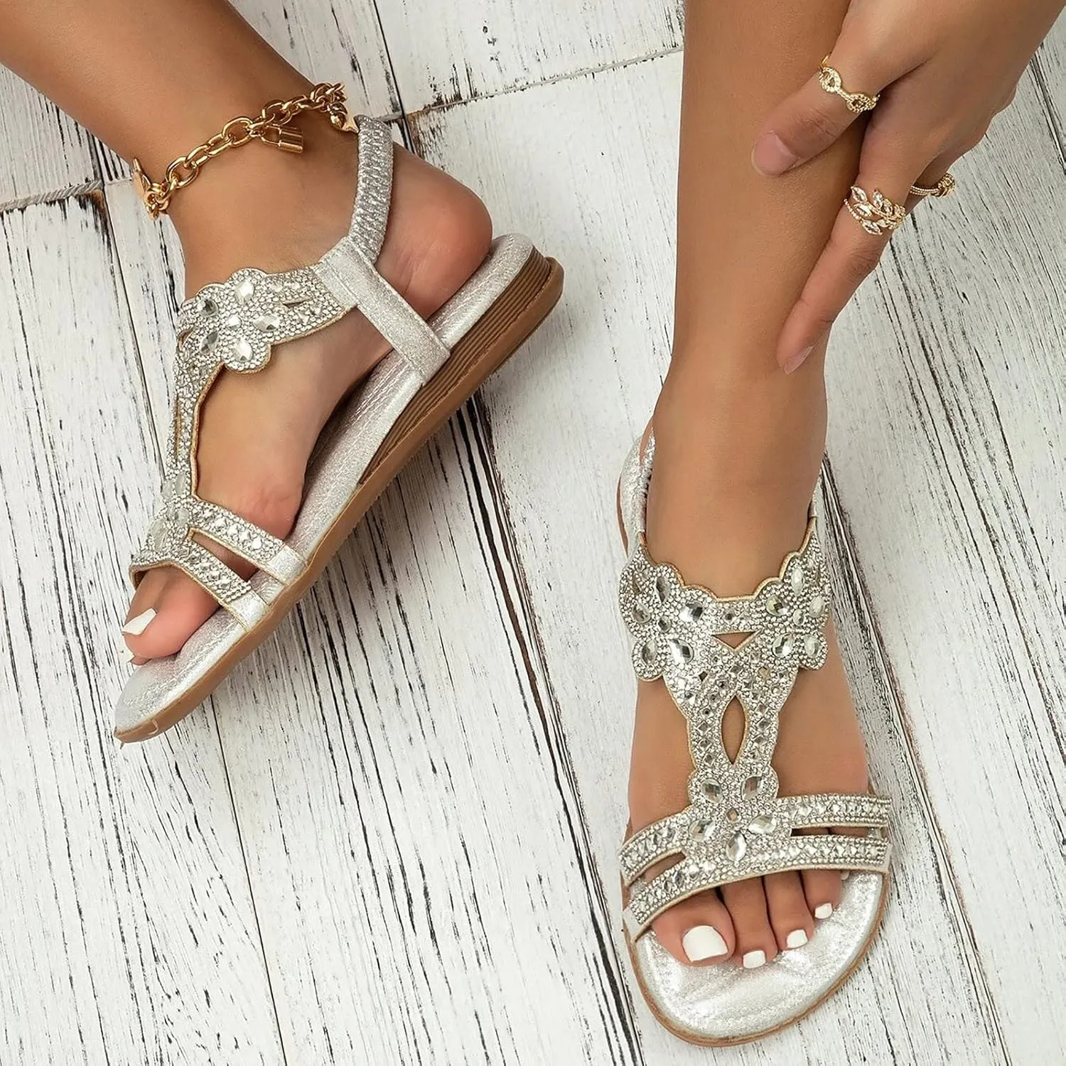 Womens Bohemia Sandals Arch Support Slingback Rhinestone Dressy Sandals Comfort Summer Ankle Strap Elastic Flats