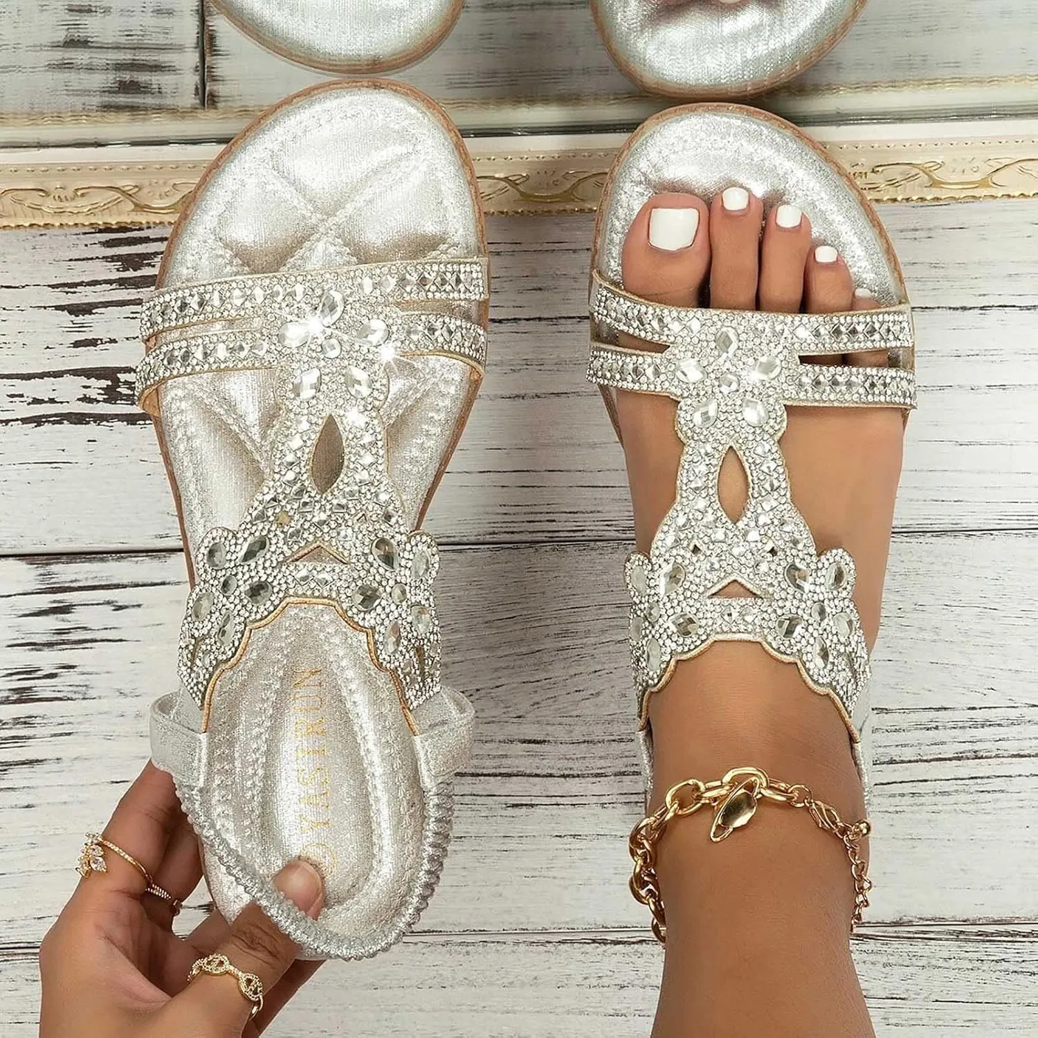 Womens Bohemia Sandals Arch Support Slingback Rhinestone Dressy Sandals Comfort Summer Ankle Strap Elastic Flats