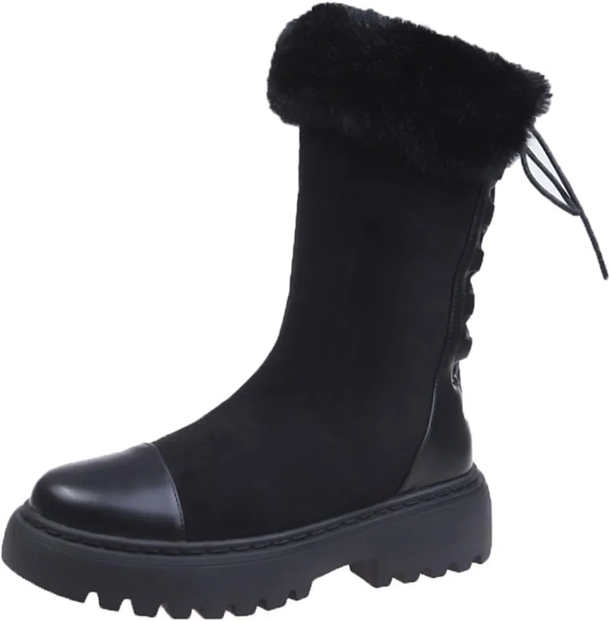Womens Boots Chunky Fur Mid Heels Women Boots Shoes Winter Lace-up Boots Ankle Platform Snow Fashion Designer Ladies