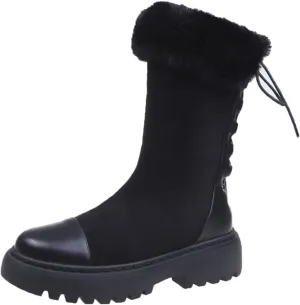 Womens Boots Chunky Fur Mid Heels Women Boots Shoes Winter Lace-up Boots Ankle Platform Snow Fashion Designer Ladies
