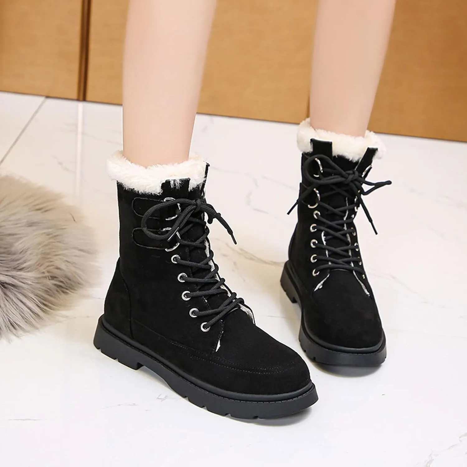 Womens Boots Winter Women Platform Snow Mid Heels Shoes Short Plush Designer Lace-up Fashion Ankle Fur Warm Boots