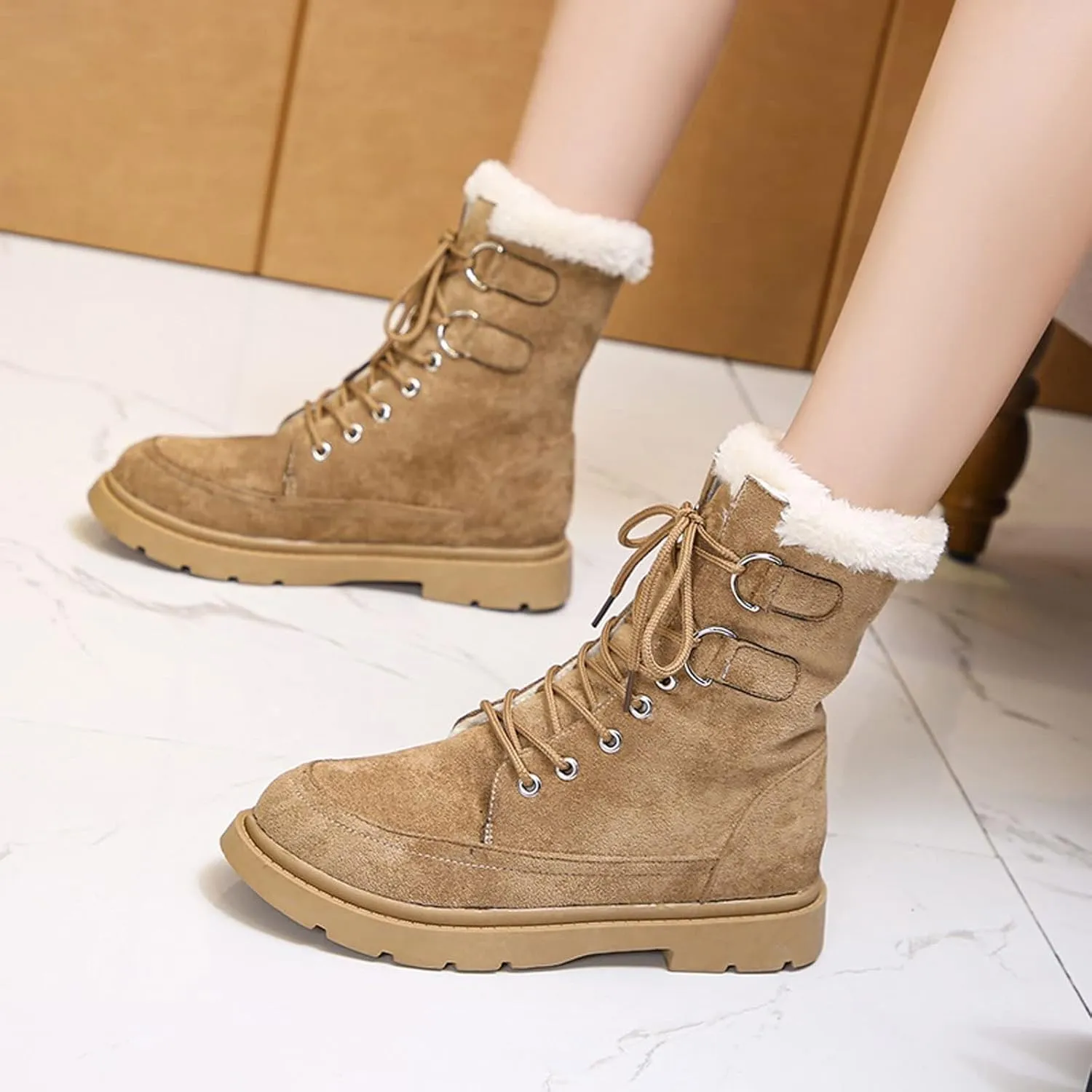 Womens Boots Winter Women Platform Snow Mid Heels Shoes Short Plush Designer Lace-up Fashion Ankle Fur Warm Boots