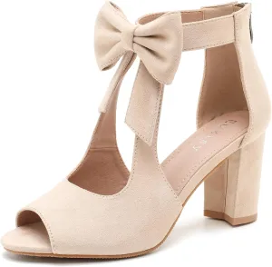 Women's Bows Strappy Sandals Open Toe Chunky High Heels Sandals Ankle Strap Dressy Pumps Back Zip Cutout Heeled Summer Party Sandals