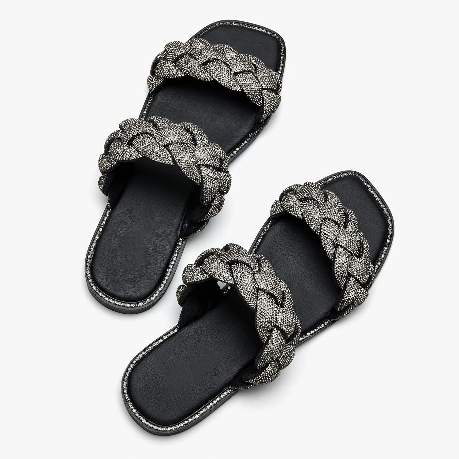 Women's Braided Two Strap Slide Dressy Square Toe Sandal