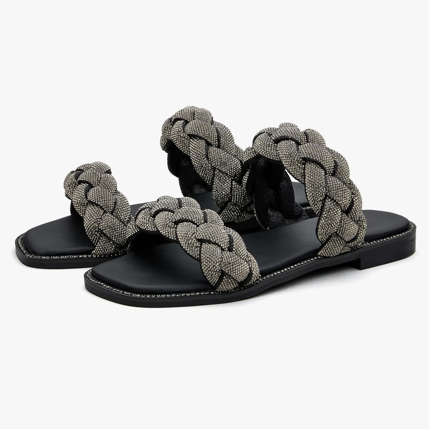 Women's Braided Two Strap Slide Dressy Square Toe Sandal