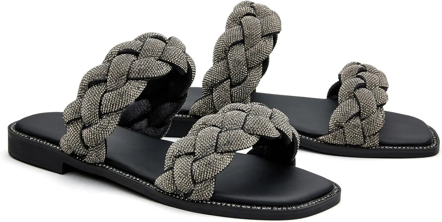 Women's Braided Two Strap Slide Dressy Square Toe Sandal
