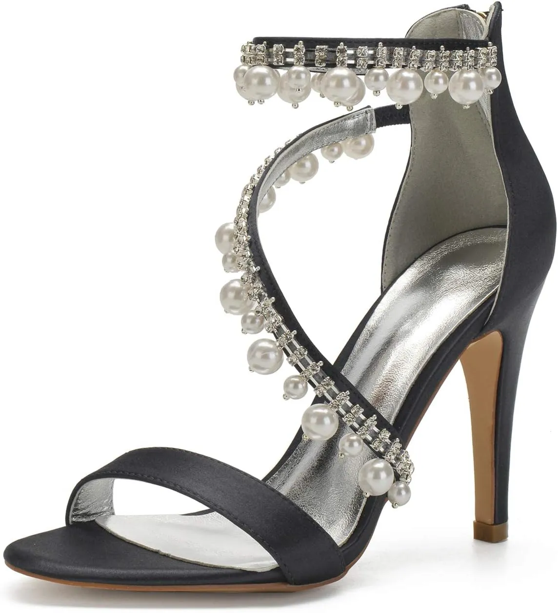 Women's Bridal Wedding Sandals High Heel Ankle Strap Pearl Zipper Back Formal Evening Prom Party Dress Satin Shoes Heels Pumps