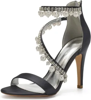 Women's Bridal Wedding Sandals High Heel Ankle Strap Pearl Zipper Back Formal Evening Prom Party Dress Satin Shoes Heels Pumps