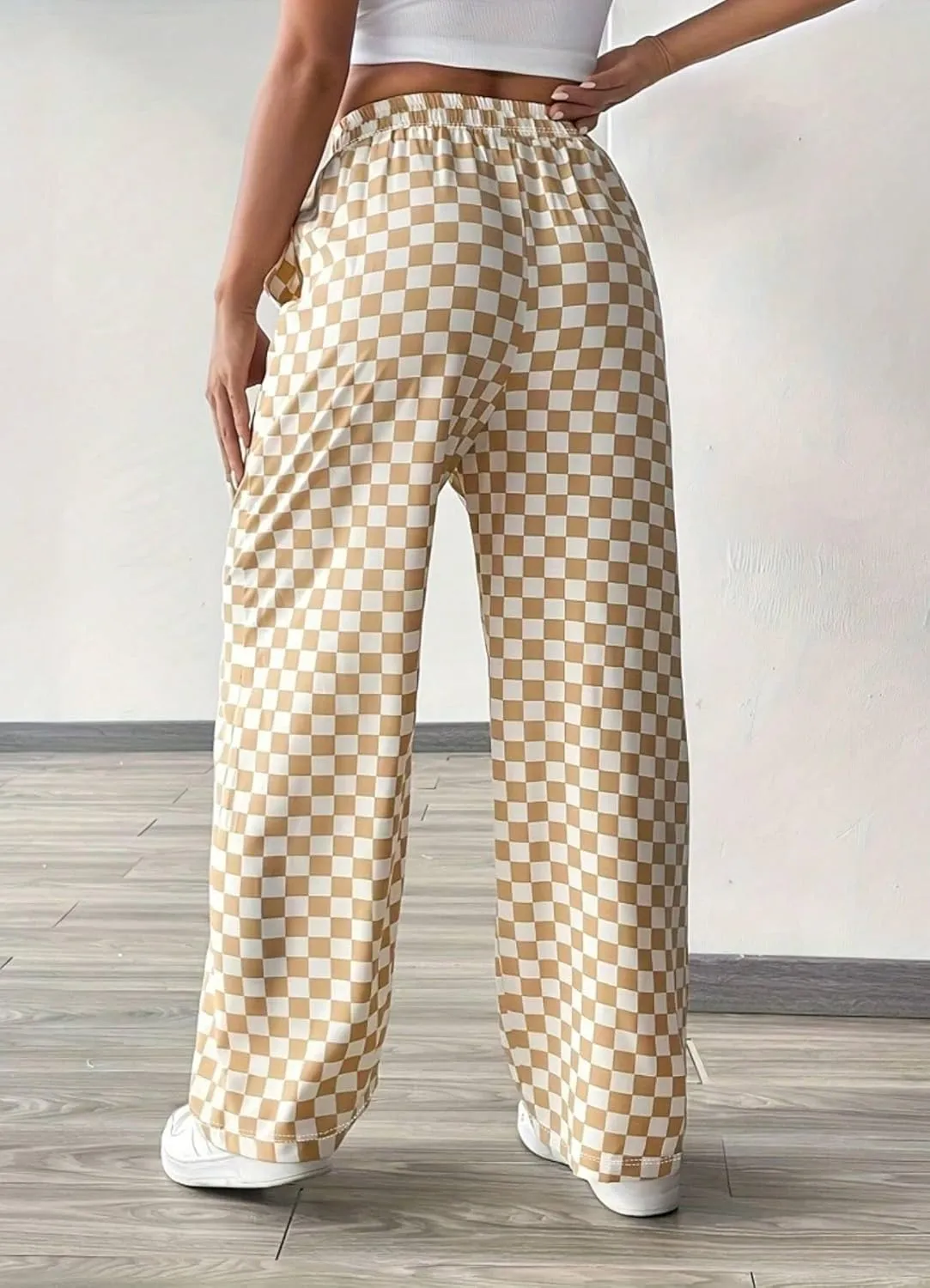 Women's Casual Checkered Pants Drawstring Elastic Waist Comfy Loose Straight Wide Leg Plaid Pants with Pockets