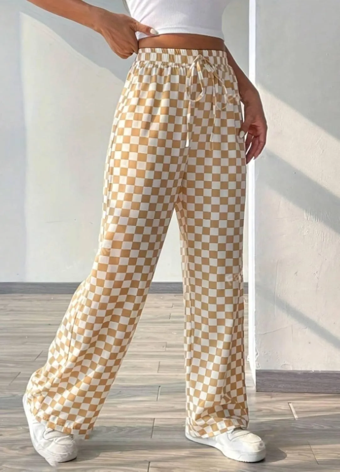 Women's Casual Checkered Pants Drawstring Elastic Waist Comfy Loose Straight Wide Leg Plaid Pants with Pockets