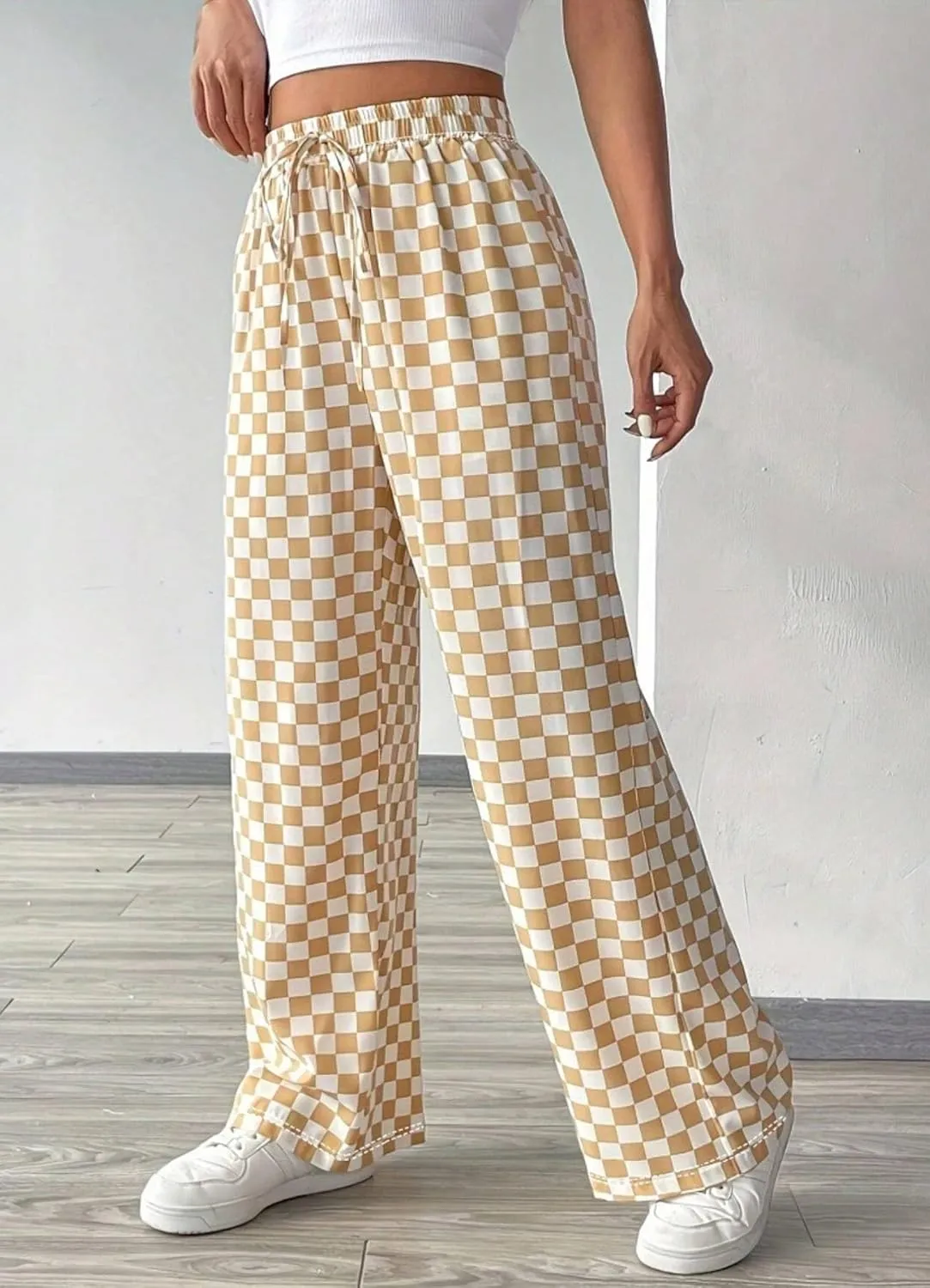 Women's Casual Checkered Pants Drawstring Elastic Waist Comfy Loose Straight Wide Leg Plaid Pants with Pockets
