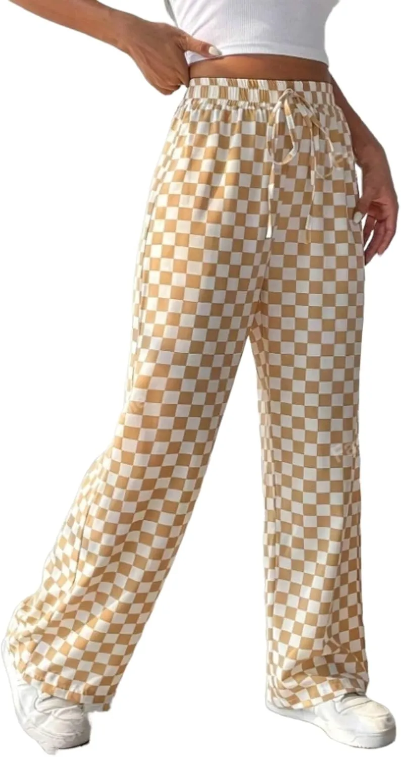 Women's Casual Checkered Pants Drawstring Elastic Waist Comfy Loose Straight Wide Leg Plaid Pants with Pockets