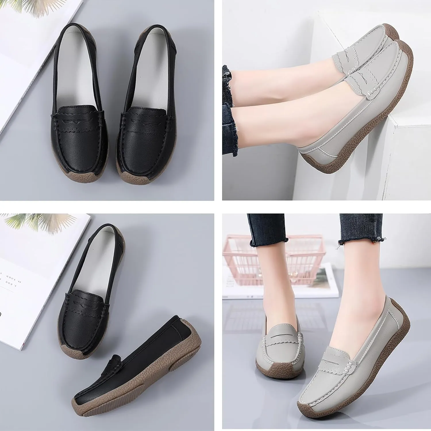 Women's Casual Soft Genuine Leather Flats Shoes Comfortable Penny Loafers Slip-Ons Softsole Driving Walking Moccasins Boat Shoes