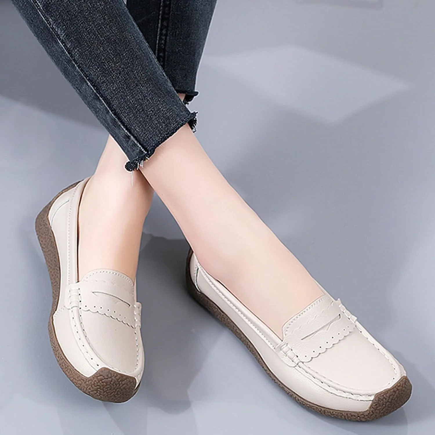 Women's Casual Soft Genuine Leather Flats Shoes Comfortable Penny Loafers Slip-Ons Softsole Driving Walking Moccasins Boat Shoes