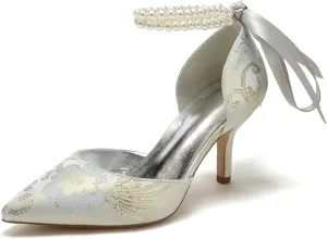 Womens Closed Toe Stiletto High Heels Wedding Shoes for Bride Pointed Toe Pearl Pumps Bridal Shoes Bowknot Strap Sandals Evening Dress Floral Satin,Silver,11