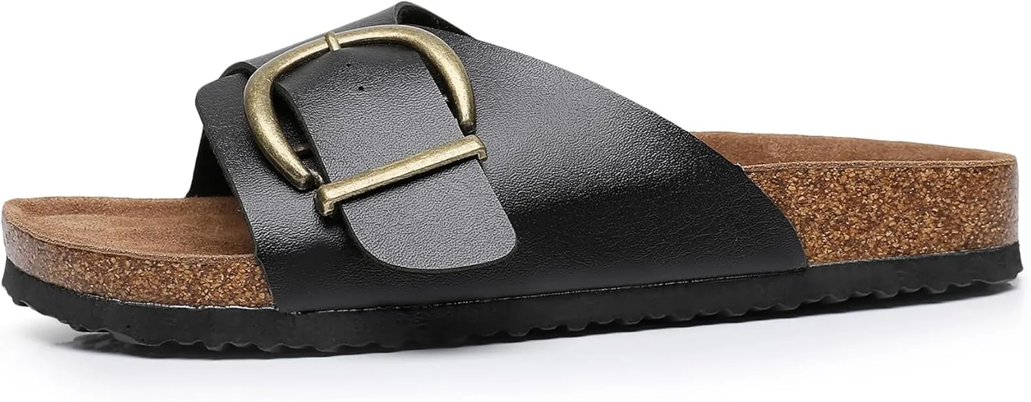 Women's Cork Footbed Sandals Cow Suede Slide Sandals for Women with Adjustable Strap Buckle Open Toe Beach Sandals