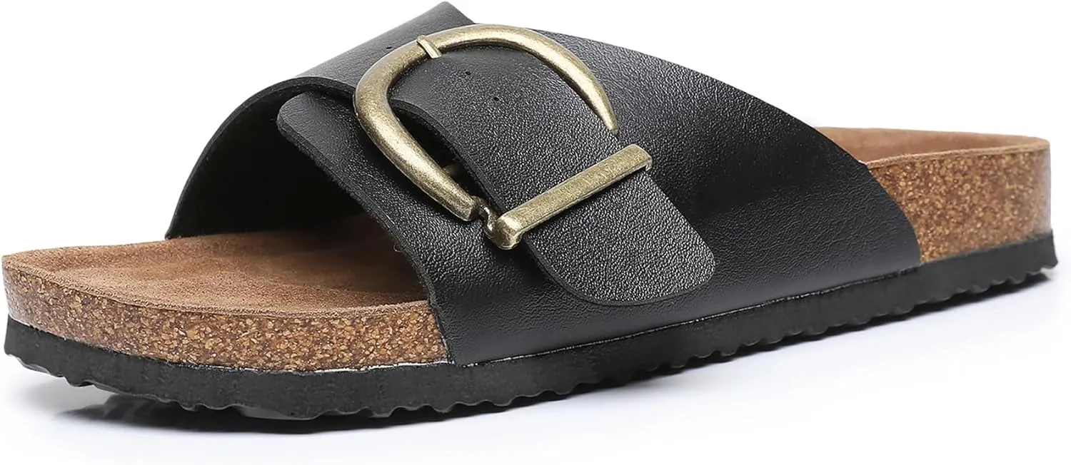 Women's Cork Footbed Sandals Cow Suede Slide Sandals for Women with Adjustable Strap Buckle Open Toe Beach Sandals