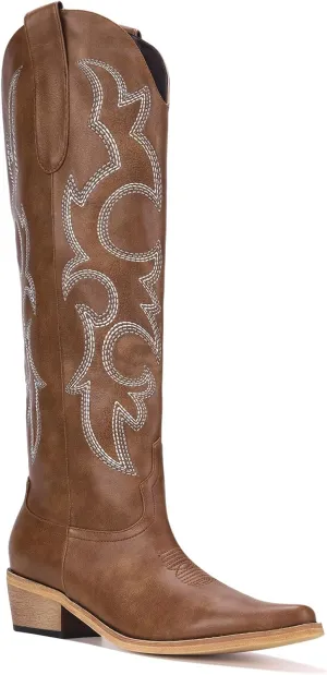 Women's Cowboy Boots Knee High Pointy Toe Western Boots Side Zipper Chunky Heel Cowgirl Boots White