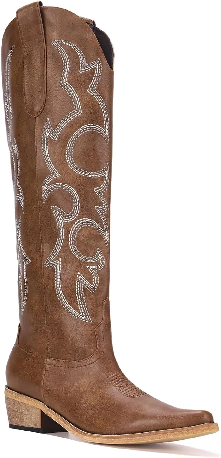 Women's Cowboy Boots Knee High Pointy Toe Western Boots Side Zipper Chunky Heel Cowgirl Boots White