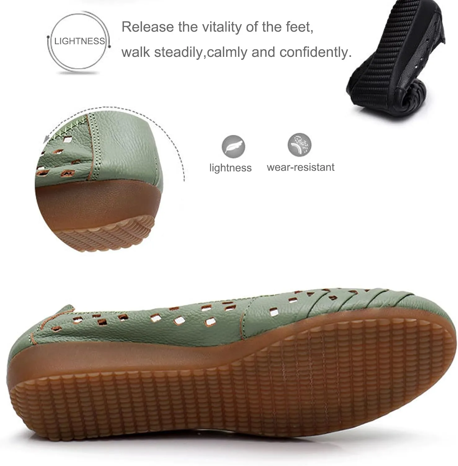 Women's Cowhide Cutout Soft Sole Loafers,Breathable Comfortable Slip On Driving Shoes Casual Walking Shoes