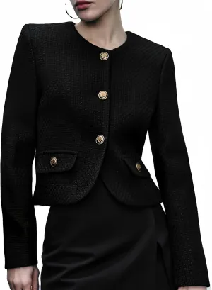 Women's Cropped Crew Neck Casual Tweed Blazer Elegant Slim Long Sleeve Jacket with Fake Pockets
