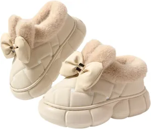 Women's Cute Bowknot Design Plush Lined Slipper, Winter Warm Anti-Skid Waterproof Thick Sole House Boots, Casual Comfortable Furry Bow Slippers