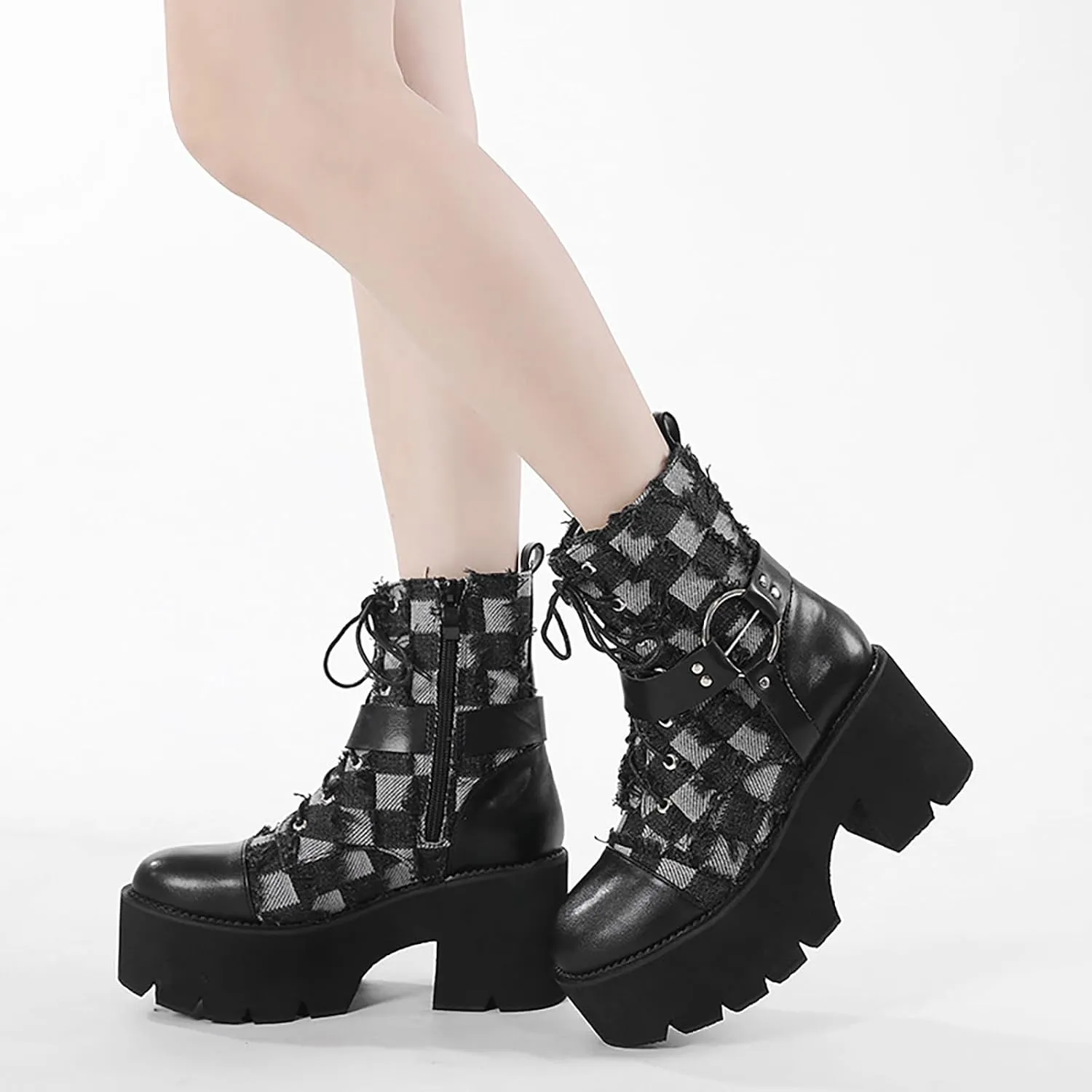 Women's Denim Leather Splice Chunky Heel Goth Ankle Boots With Side Zipper Platform Block High Heel Lace Up Combat Boots Breathable Lined Comfy Y2K Punk Motorcycle Short Booties
