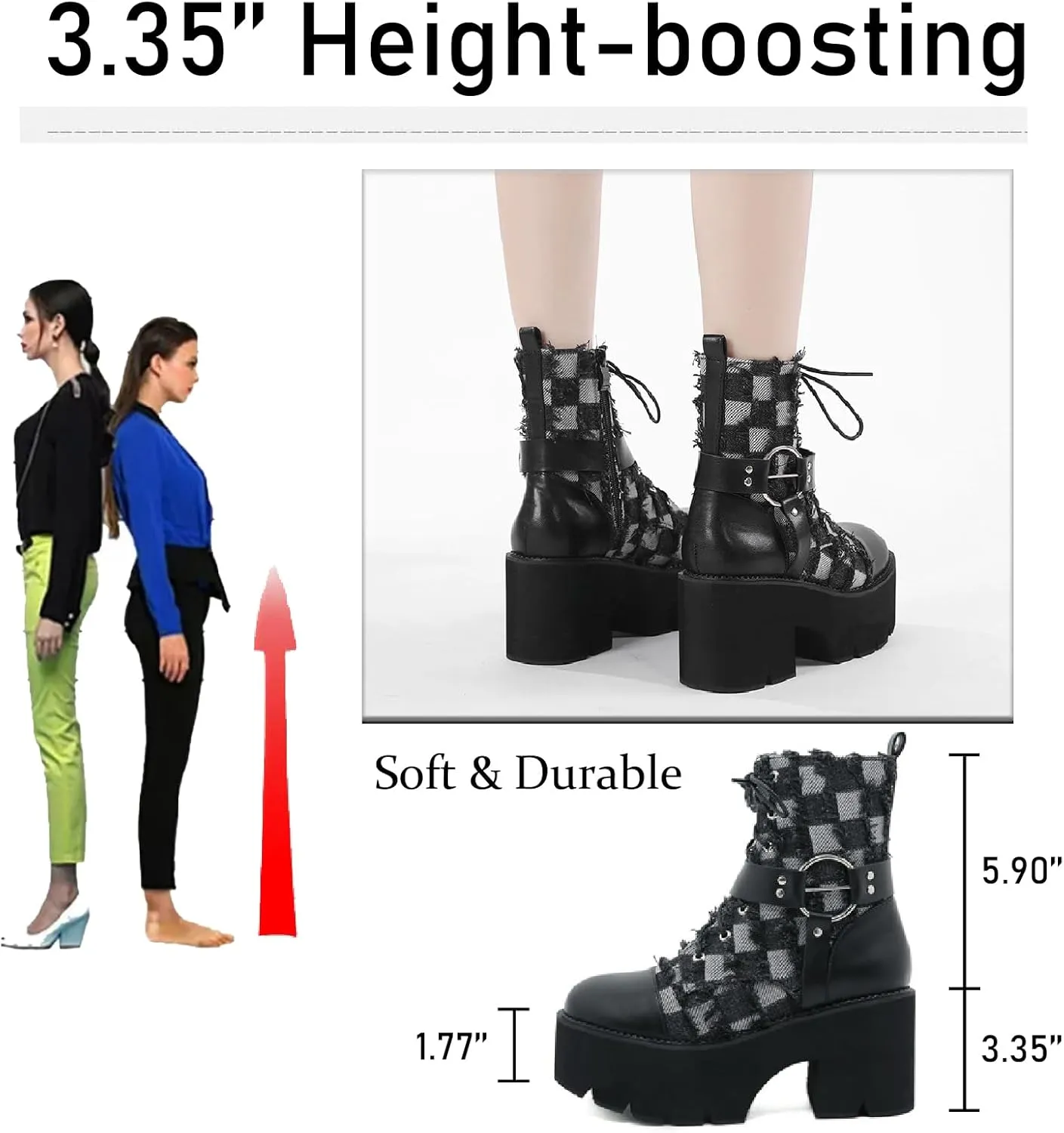 Women's Denim Leather Splice Chunky Heel Goth Ankle Boots With Side Zipper Platform Block High Heel Lace Up Combat Boots Breathable Lined Comfy Y2K Punk Motorcycle Short Booties