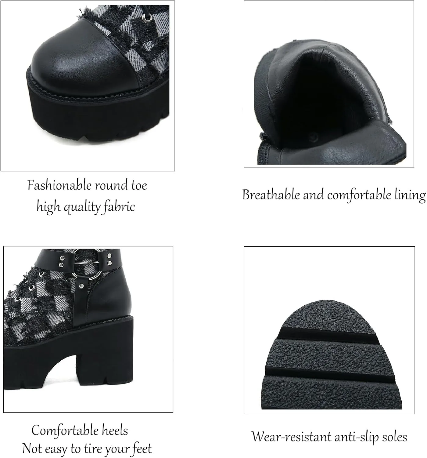 Women's Denim Leather Splice Chunky Heel Goth Ankle Boots With Side Zipper Platform Block High Heel Lace Up Combat Boots Breathable Lined Comfy Y2K Punk Motorcycle Short Booties