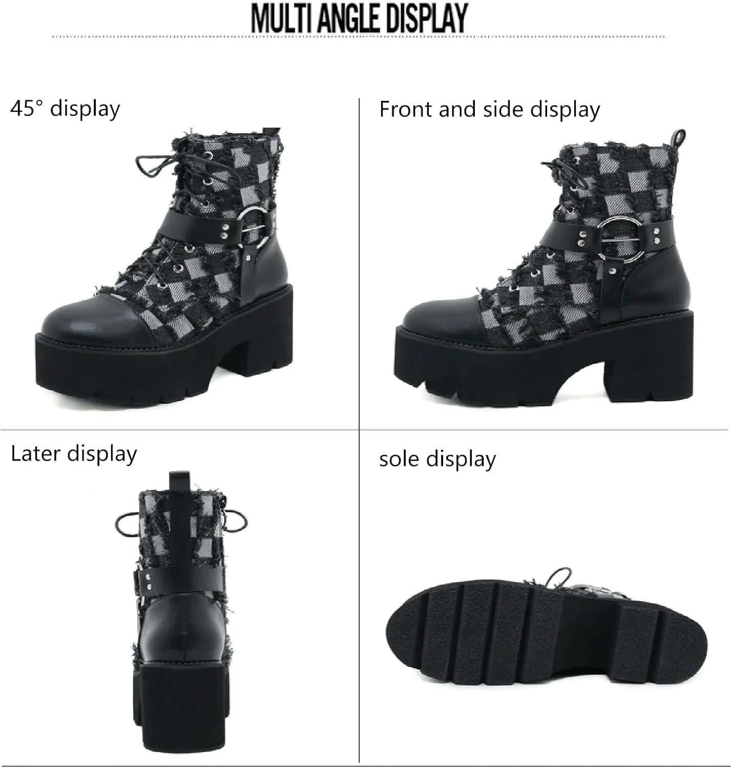Women's Denim Leather Splice Chunky Heel Goth Ankle Boots With Side Zipper Platform Block High Heel Lace Up Combat Boots Breathable Lined Comfy Y2K Punk Motorcycle Short Booties
