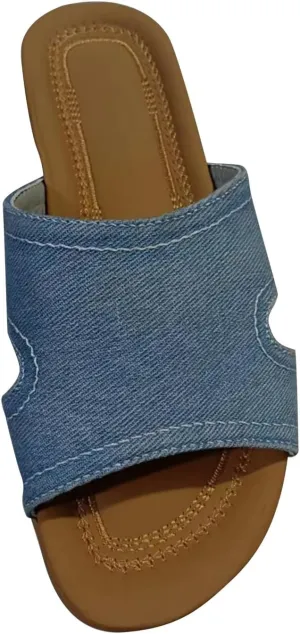 Women's Denim Solid Trendy Slipper Rubber Sole Summer Spring Sandals Open Toe Lounge Casual Slide Walking Sandal